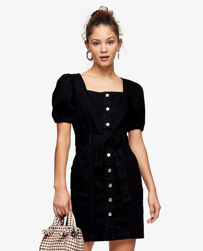 TOPSHOP - Đầm mini denim cổ vuông tay ngắn Button Through Puff