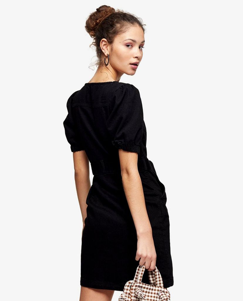 TOPSHOP - Đầm mini denim cổ vuông tay ngắn Button Through Puff