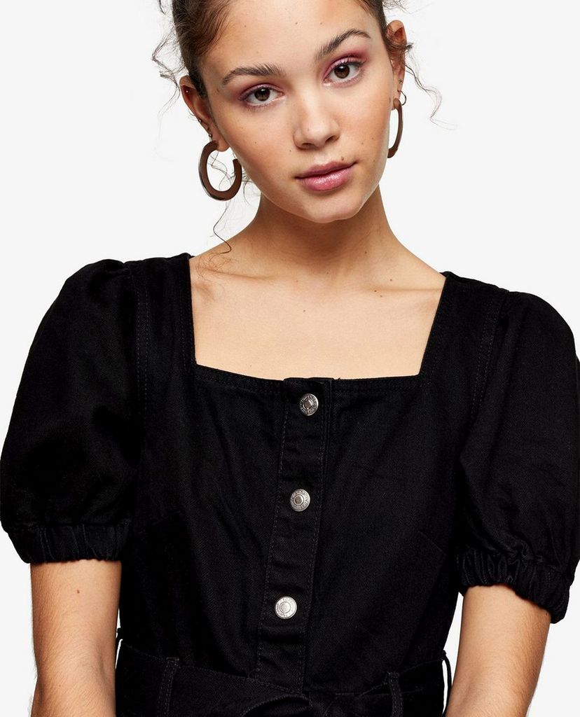 TOPSHOP - Đầm mini denim cổ vuông tay ngắn Button Through Puff
