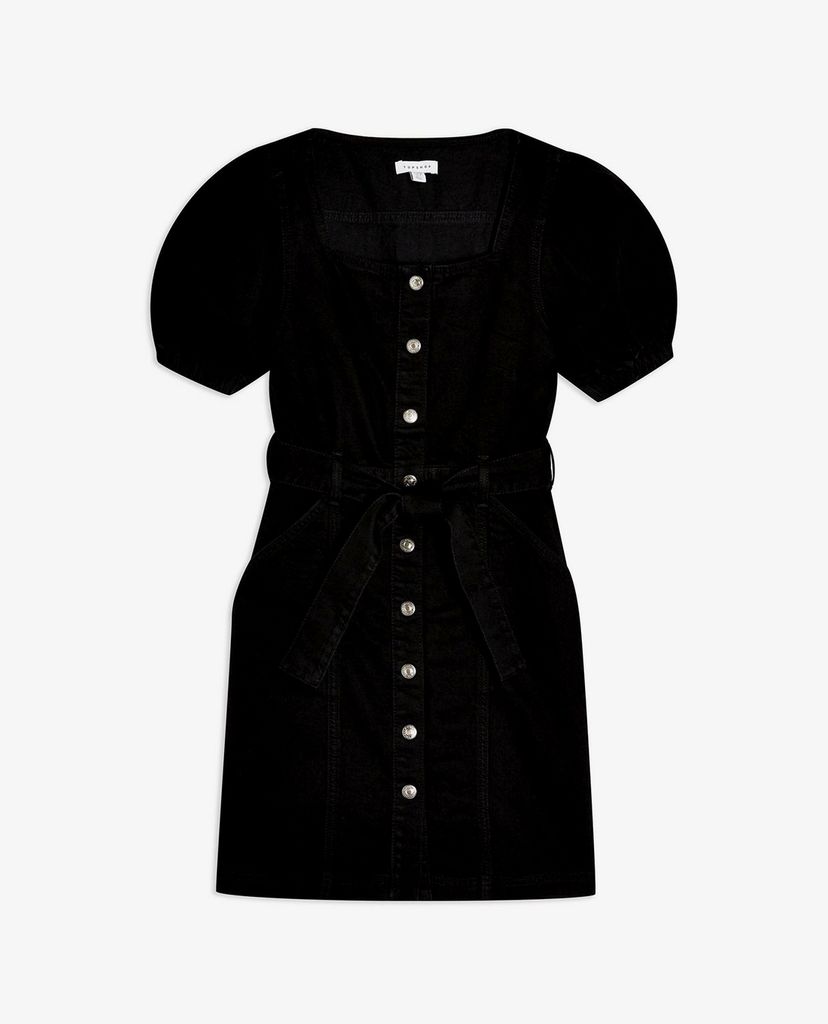 TOPSHOP - Đầm mini denim cổ vuông tay ngắn Button Through Puff
