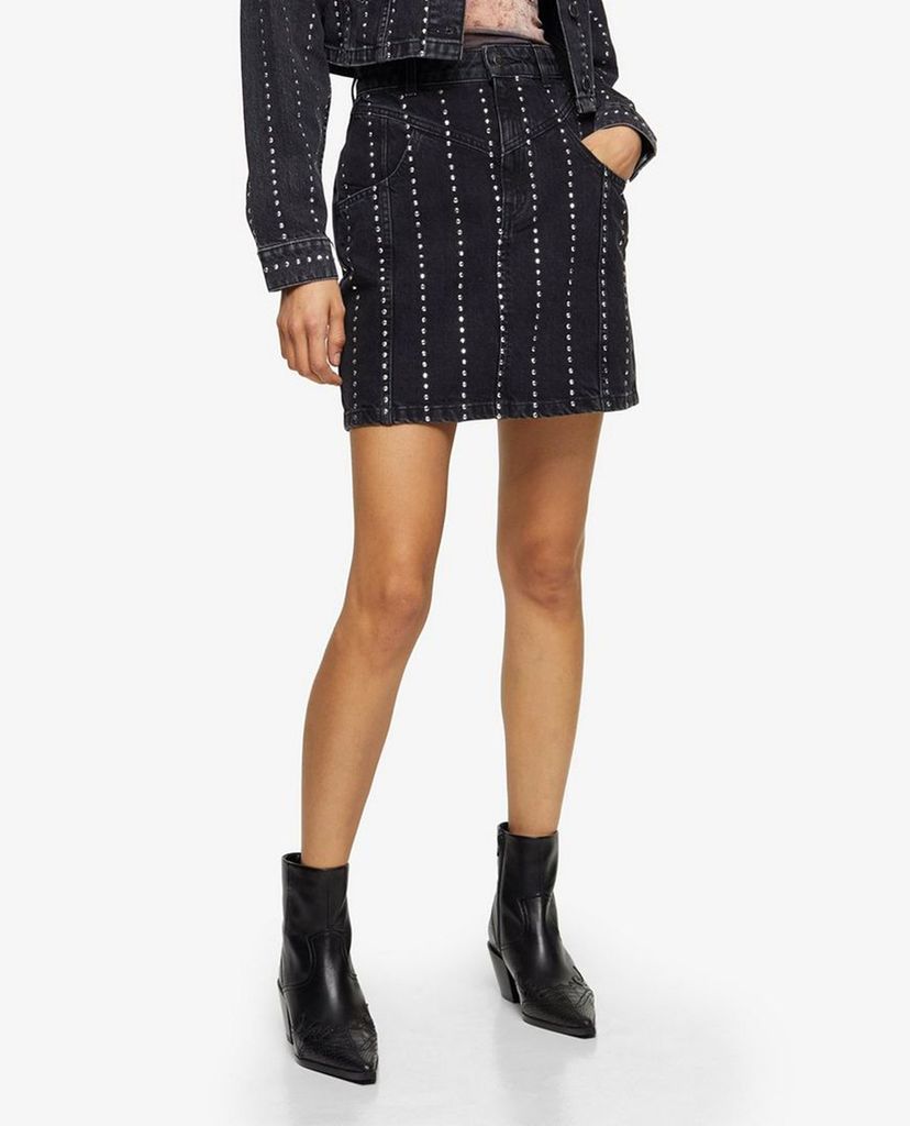 TOPSHOP - Chân váy mini denim Studded Black High Waist