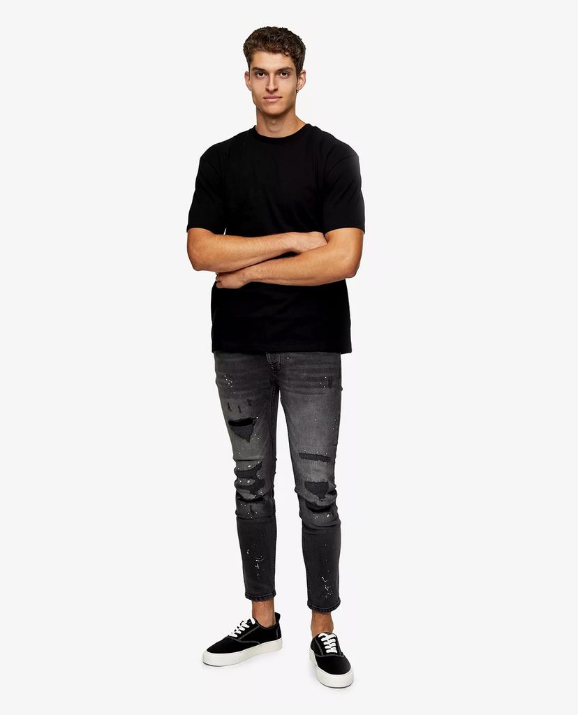 TOPMAN - Quần jeans nam skinny Washed Black Ripped Paint