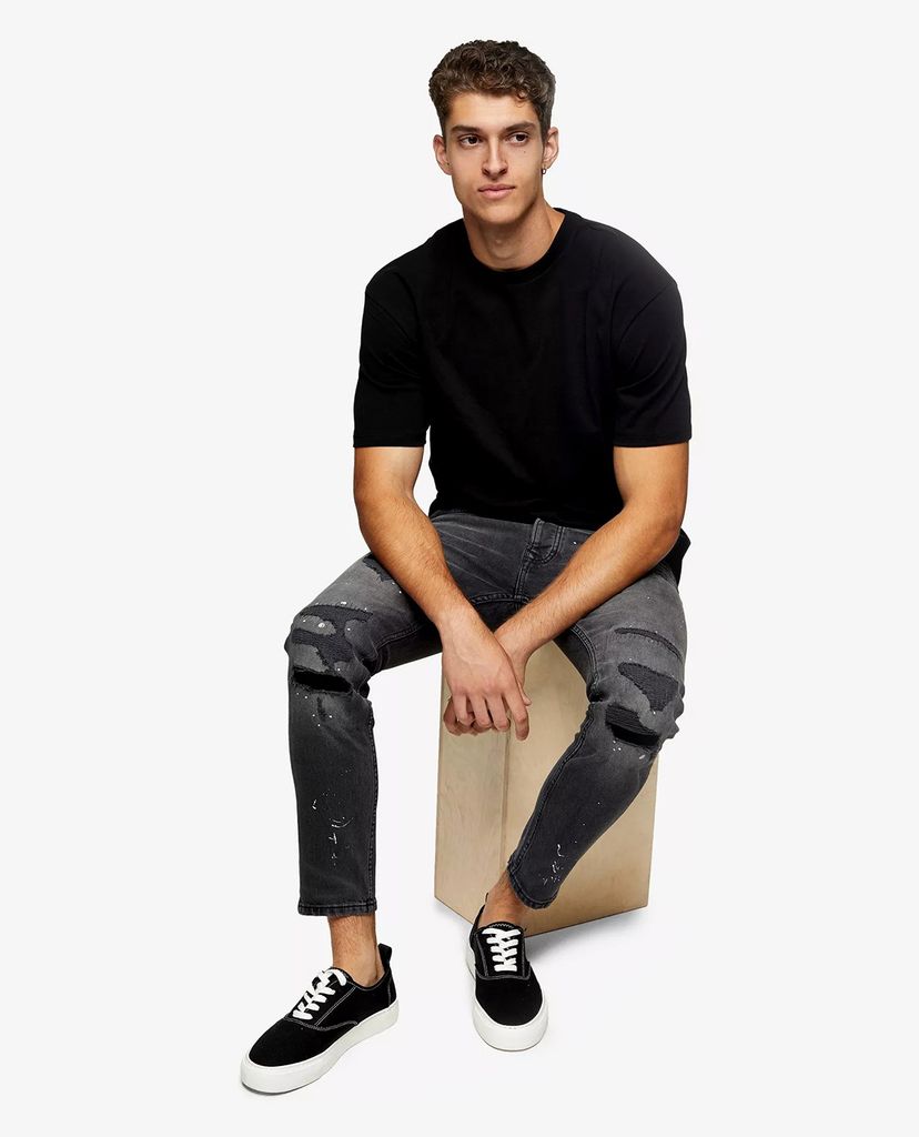 TOPMAN - Quần jeans nam skinny Washed Black Ripped Paint