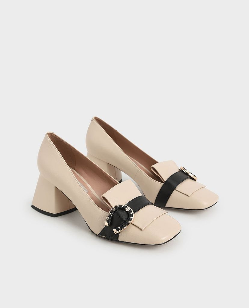 CHARLES & KEITH - Giày cao gót mũi vuông đế trụ Leather Buckle