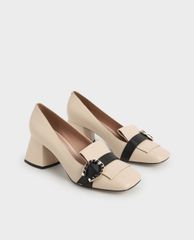 CHARLES & KEITH - Giày cao gót mũi vuông đế trụ Leather Buckle