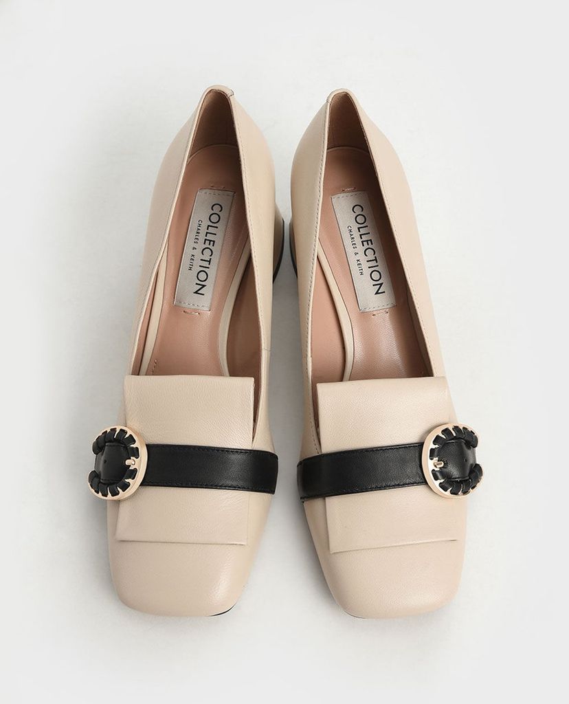 CHARLES & KEITH - Giày cao gót mũi vuông đế trụ Leather Buckle