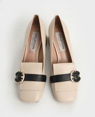 CHARLES & KEITH - Giày cao gót mũi vuông đế trụ Leather Buckle