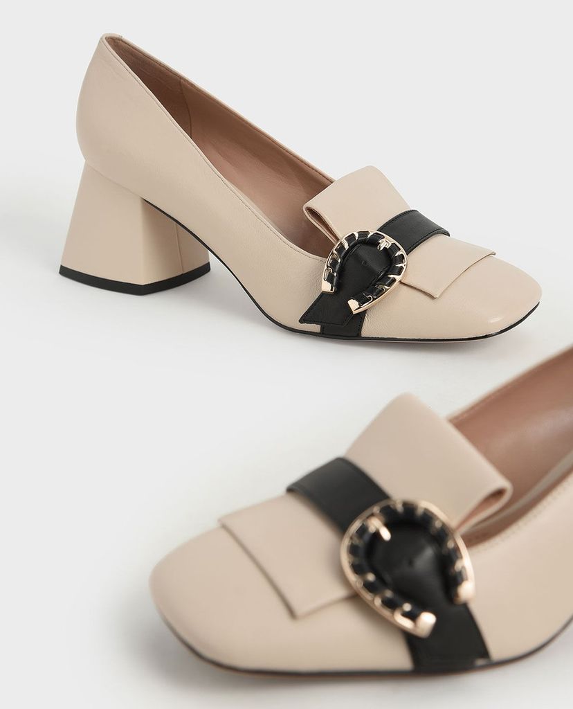 CHARLES & KEITH - Giày cao gót mũi vuông đế trụ Leather Buckle