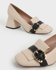 CHARLES & KEITH - Giày cao gót mũi vuông đế trụ Leather Buckle