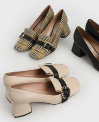 CHARLES & KEITH - Giày cao gót mũi vuông đế trụ Leather Buckle