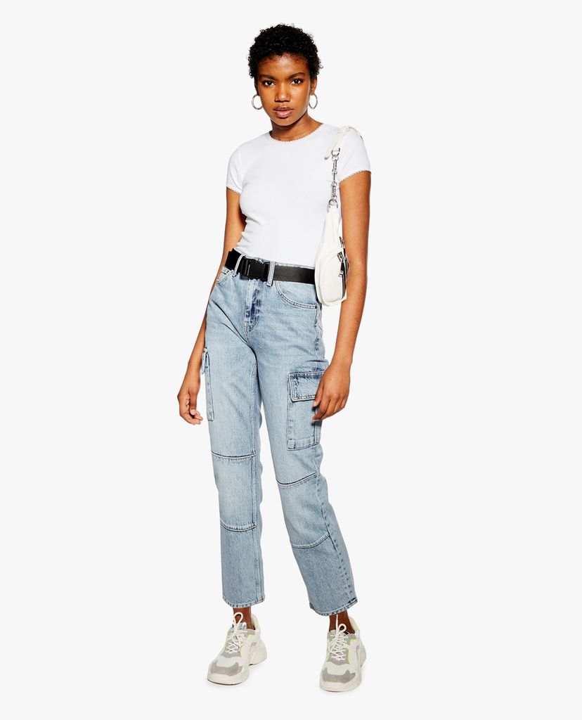 TOPSHOP - Quần jeans nữ lưng cao Bleach Belted Utility Straight