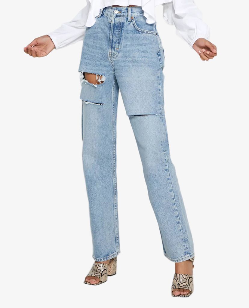 TOPSHOP - Quần jeans nữ lưng cao phom suông rách gối High Waist