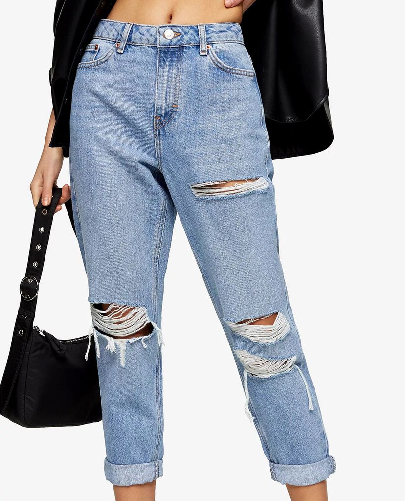 TOPSHOP - Quần jeans nữ ống suông rách gối PETITE Bleach Stone