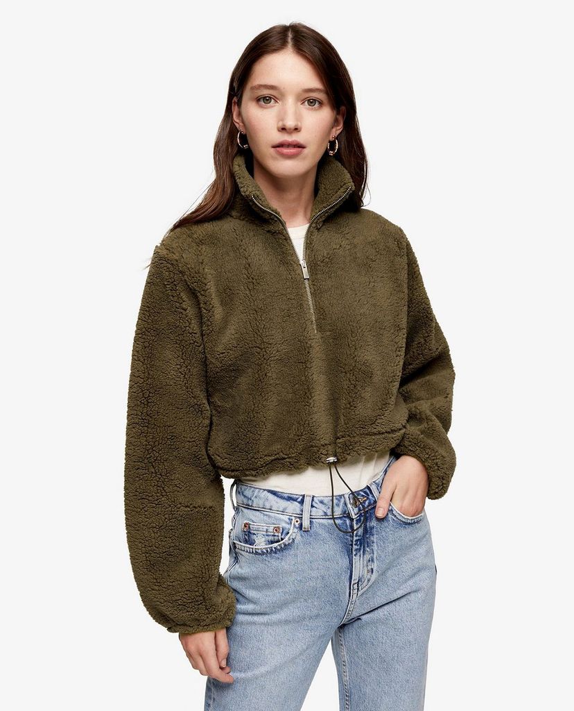 TOPSHOP - Áo khoác lông nữ tay dài phối zip CONSIDERED Khaki Borg