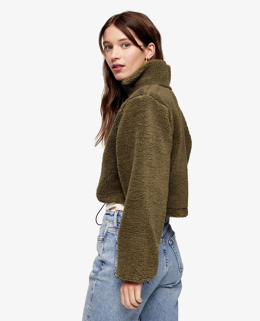 TOPSHOP - Áo khoác lông nữ tay dài phối zip CONSIDERED Khaki Borg