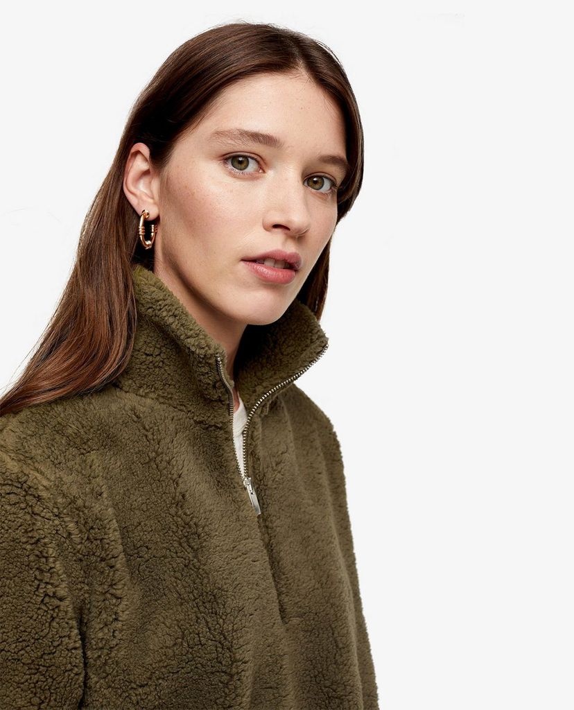 TOPSHOP - Áo khoác lông nữ tay dài phối zip CONSIDERED Khaki Borg