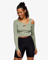 TOPSHOP - Áo kiểu nữ tay dài Khaki Long Sleeve Cut Out