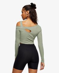 TOPSHOP - Áo kiểu nữ tay dài Khaki Long Sleeve Cut Out