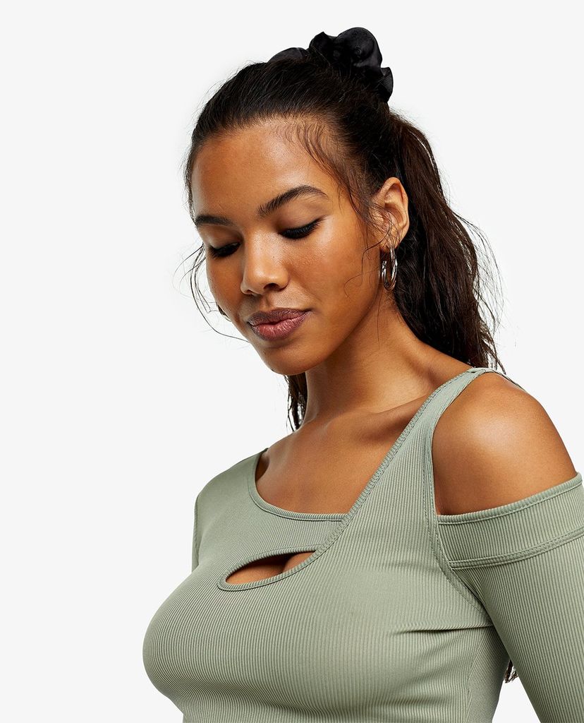 TOPSHOP - Áo kiểu nữ tay dài Khaki Long Sleeve Cut Out