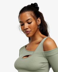 TOPSHOP - Áo kiểu nữ tay dài Khaki Long Sleeve Cut Out
