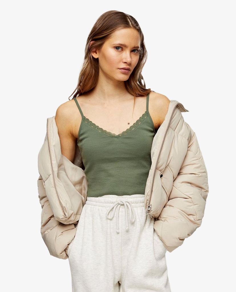 TOPSHOP - Áo kiểu nữ hai dây phối ren Khaki Pretty Lace Trim Cami