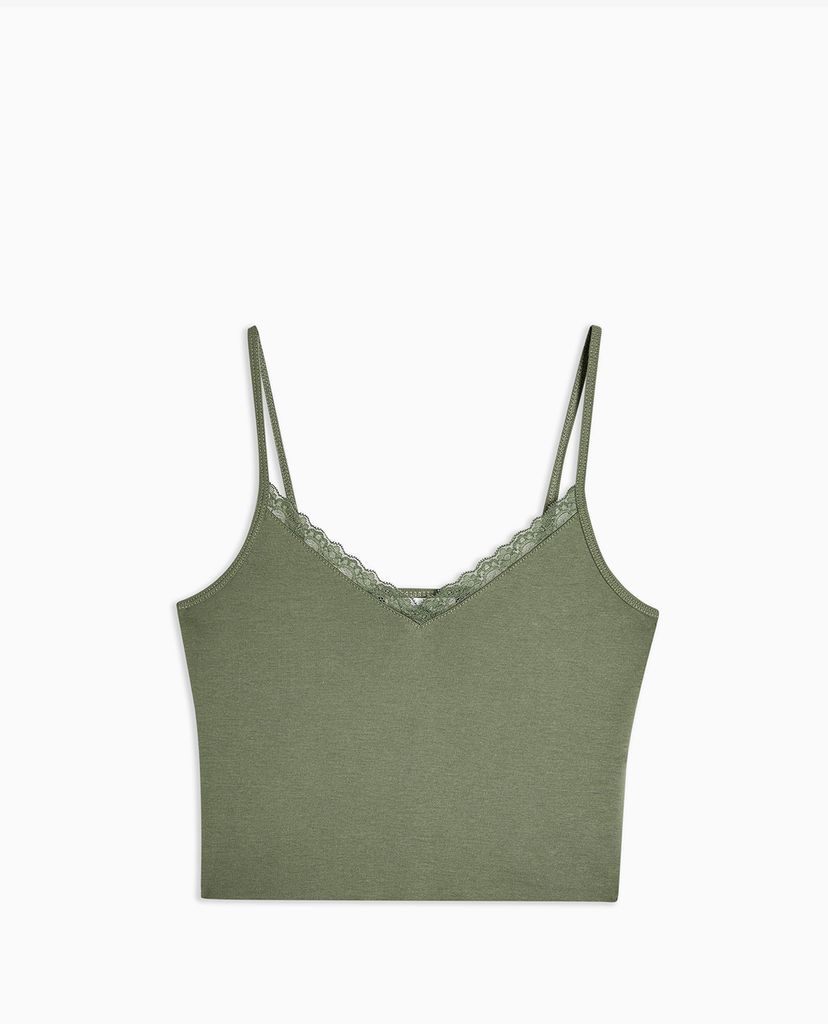 TOPSHOP - Áo kiểu nữ hai dây phối ren Khaki Pretty Lace Trim Cami
