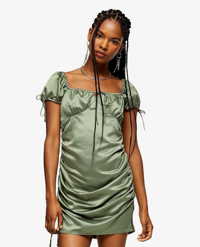 TOPSHOP - Đầm mini cổ vuông tay ngắn Khaki Gypsy Satin