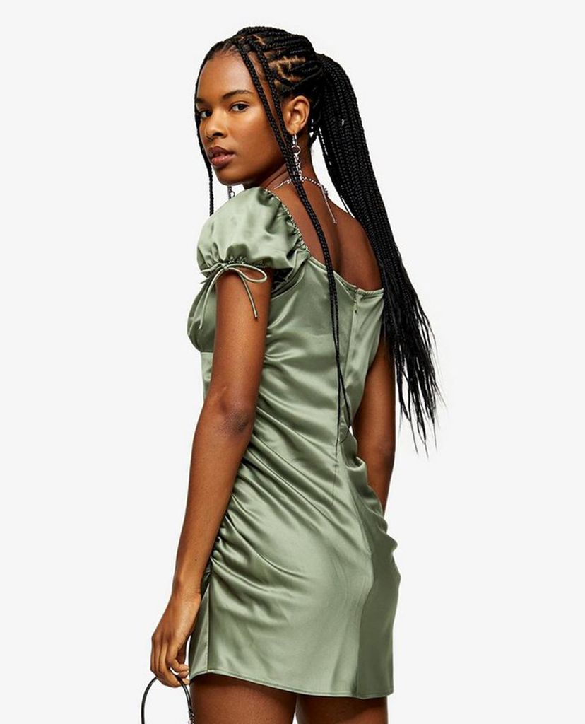 TOPSHOP - Đầm mini cổ vuông tay ngắn Khaki Gypsy Satin