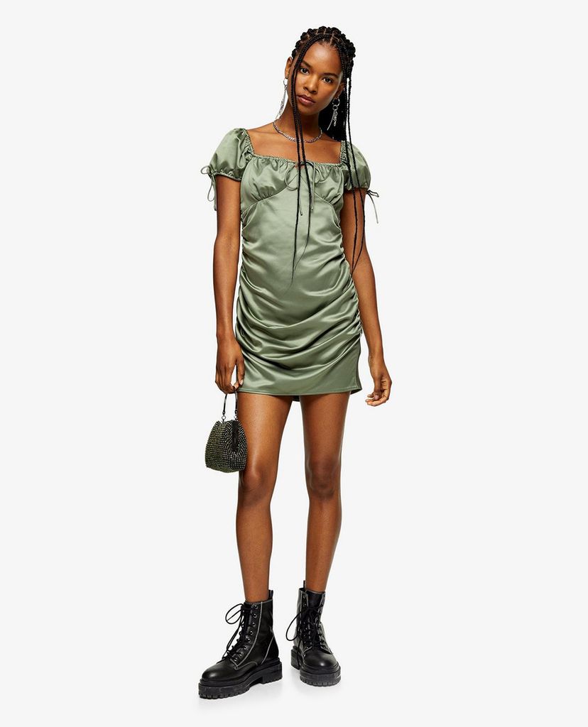 TOPSHOP - Đầm mini cổ vuông tay ngắn Khaki Gypsy Satin