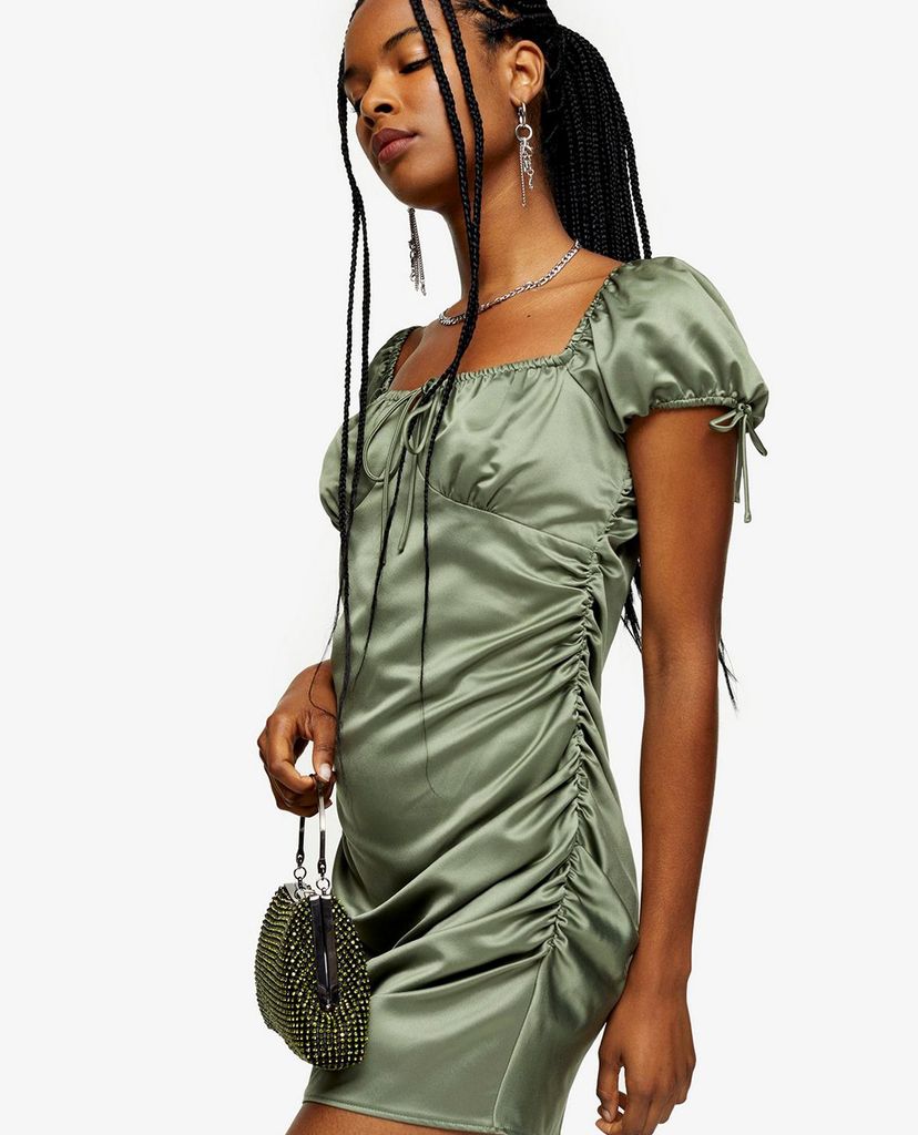 TOPSHOP - Đầm mini cổ vuông tay ngắn Khaki Gypsy Satin