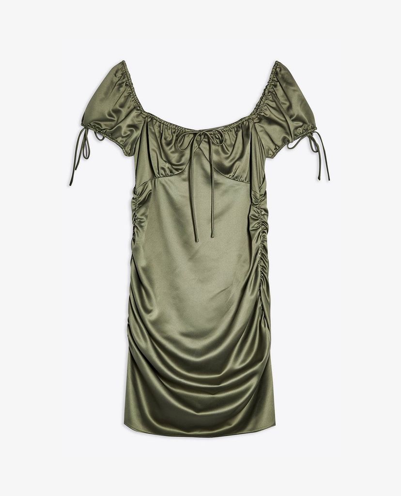 TOPSHOP - Đầm mini cổ vuông tay ngắn Khaki Gypsy Satin