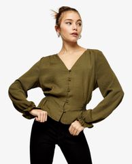 TOPSHOP - Áo kiểu nữ cổ V tay dài Khaki Classic