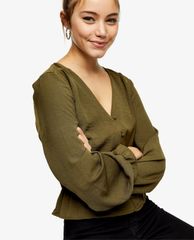 TOPSHOP - Áo kiểu nữ cổ V tay dài Khaki Classic