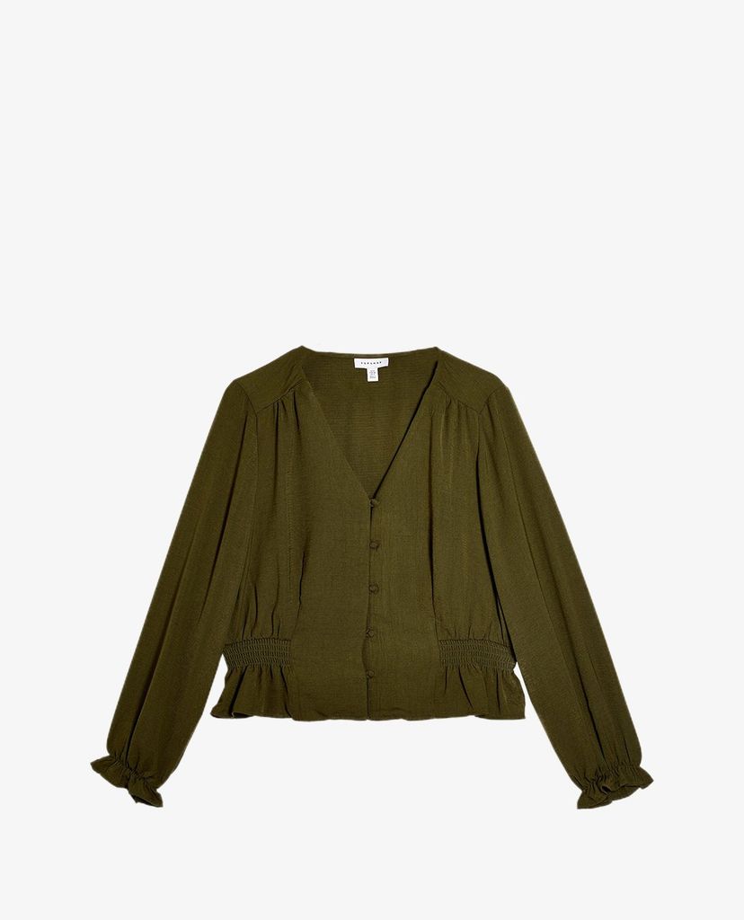 TOPSHOP - Áo kiểu nữ cổ V tay dài Khaki Classic
