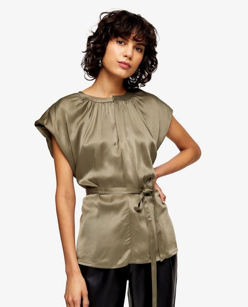 TOPSHOP - Áo kiểu nữ cổ tròn Khaki Sleeveless Tie Waist