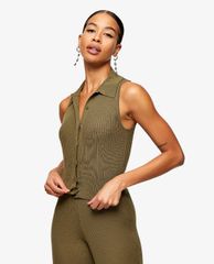 TOPSHOP - Áo kiểu nữ polo sát nách Khaki Button Knitted
