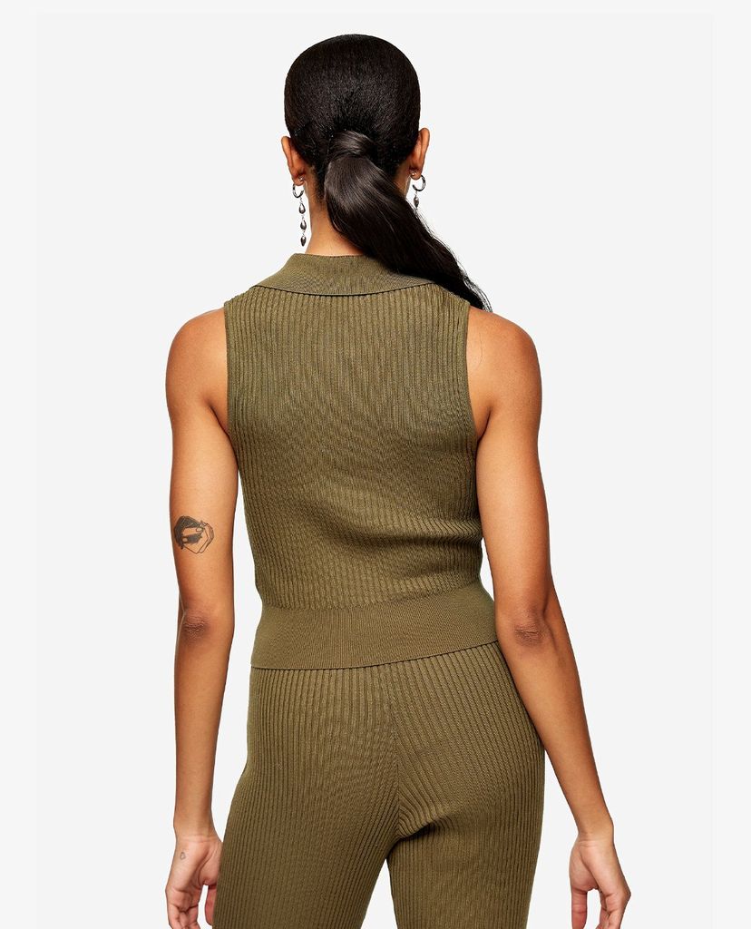 TOPSHOP - Áo kiểu nữ polo sát nách Khaki Button Knitted