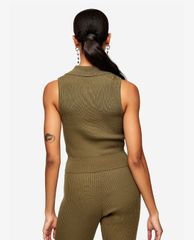 TOPSHOP - Áo kiểu nữ polo sát nách Khaki Button Knitted
