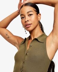TOPSHOP - Áo kiểu nữ polo sát nách Khaki Button Knitted