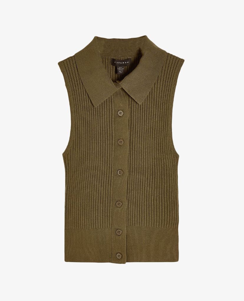 TOPSHOP - Áo kiểu nữ polo sát nách Khaki Button Knitted
