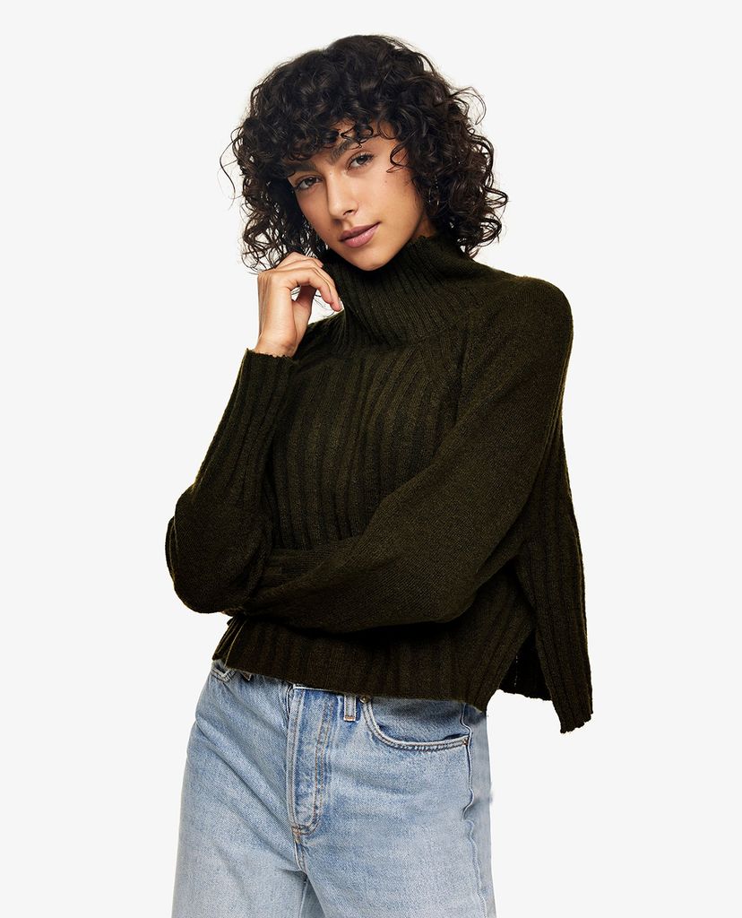 TOPSHOP - Áo len nữ cổ lọ tay dài Khaki Ribbed Cropped