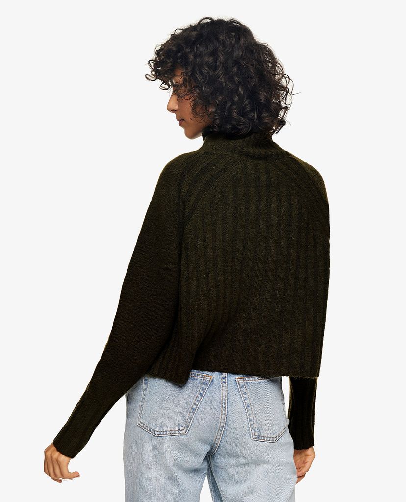 TOPSHOP - Áo len nữ cổ lọ tay dài Khaki Ribbed Cropped