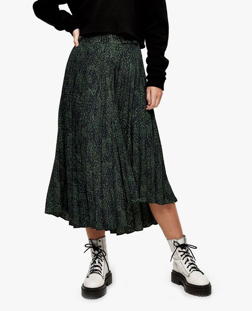 TOPSHOP - Chân váy midi Khaki Smudge Animal Pleated