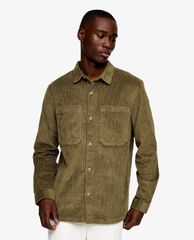 TOPMAN - Áo sơ mi nam tay dài cổ gập Olive Green Corduroy