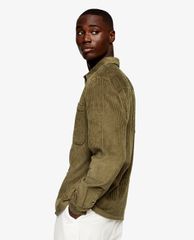 TOPMAN - Áo sơ mi nam tay dài cổ gập Olive Green Corduroy