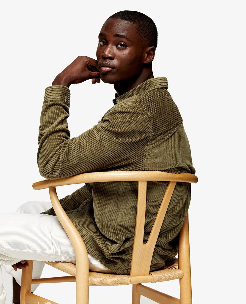 TOPMAN - Áo sơ mi nam tay dài cổ gập Olive Green Corduroy