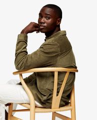 TOPMAN - Áo sơ mi nam tay dài cổ gập Olive Green Corduroy
