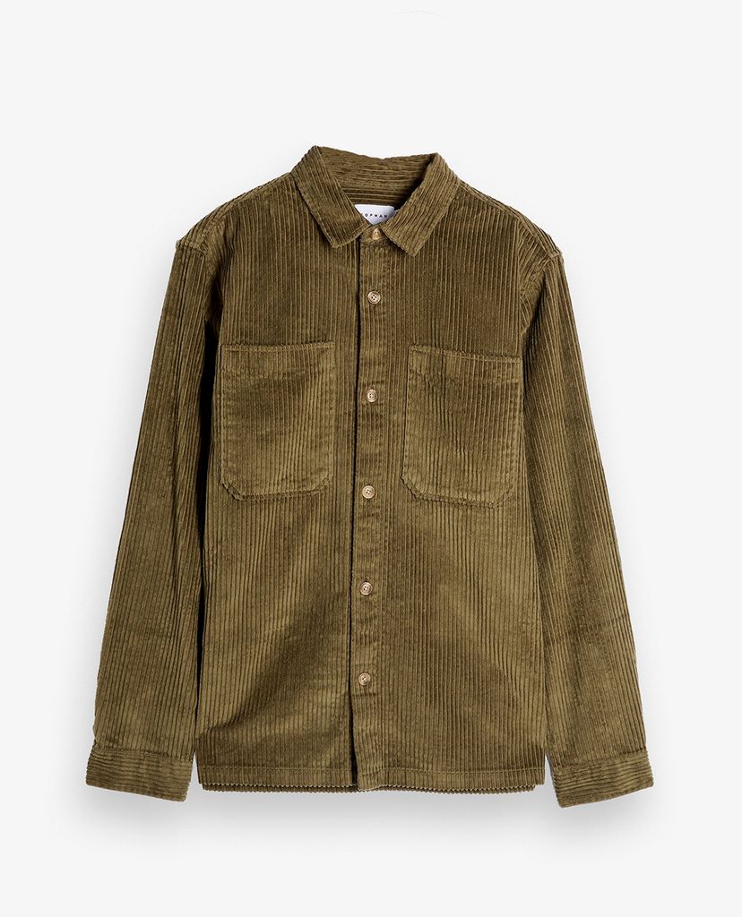 TOPMAN - Áo sơ mi nam tay dài cổ gập Olive Green Corduroy