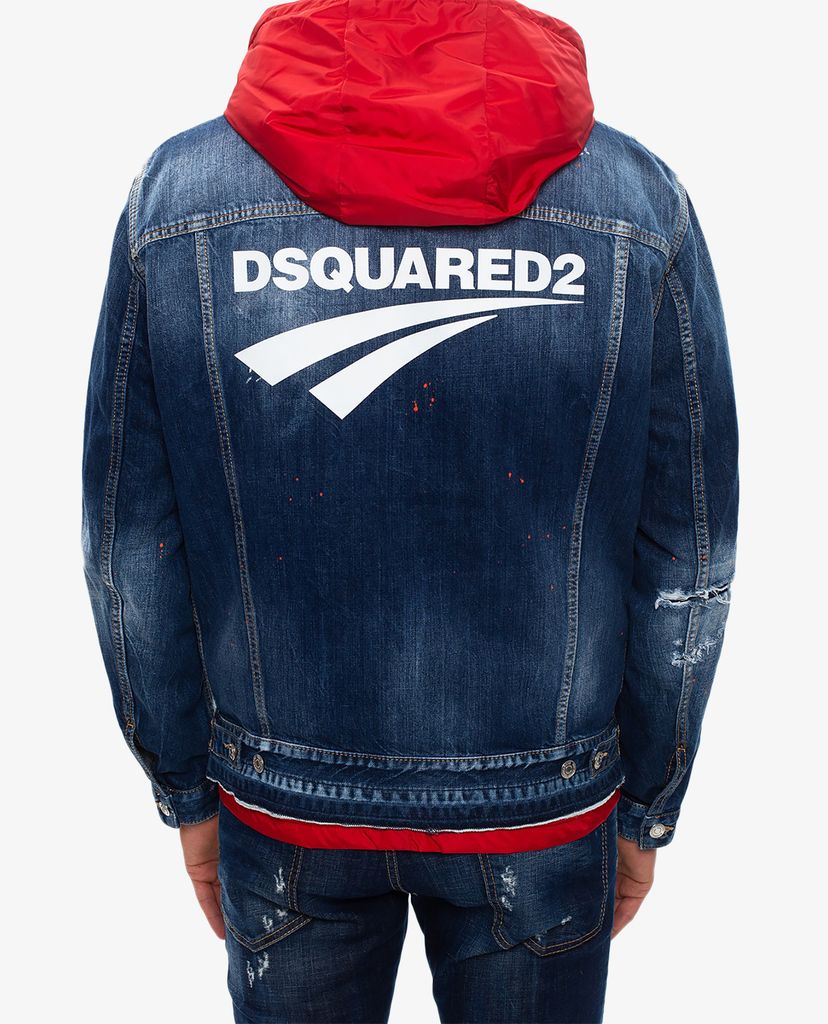 DSQUARED2 - Áo khoác jean phối nón đỏ Hooded Denim
