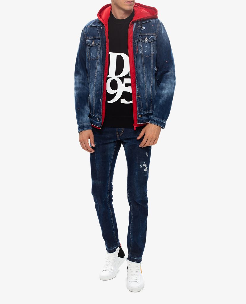 DSQUARED2 - Áo khoác jean phối nón đỏ Hooded Denim